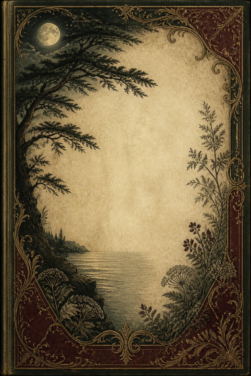 Moonlit cedars above a still sea, engraved in the Victorian manner